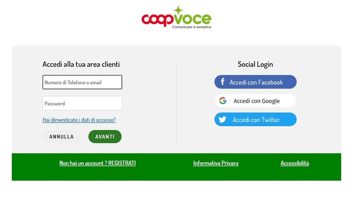 L'accesso all'area clienti CoopVoce L'area Clienti CoopVoce