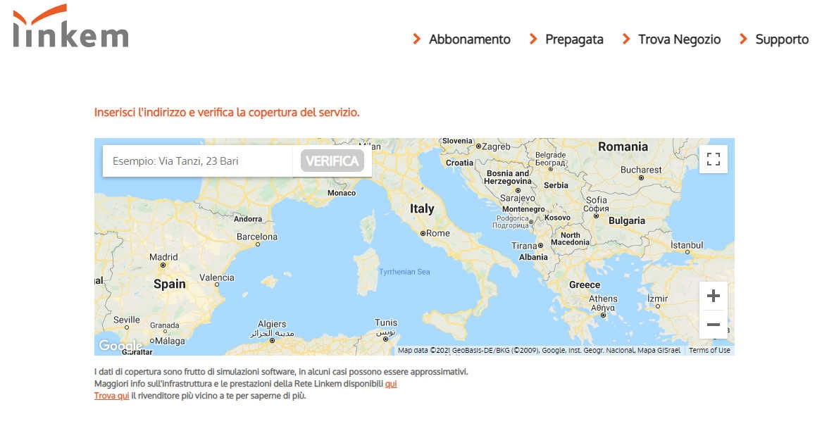 Mappa per la Verifica Copertura Linkem Mappa per la Verifica Copertura Linkem