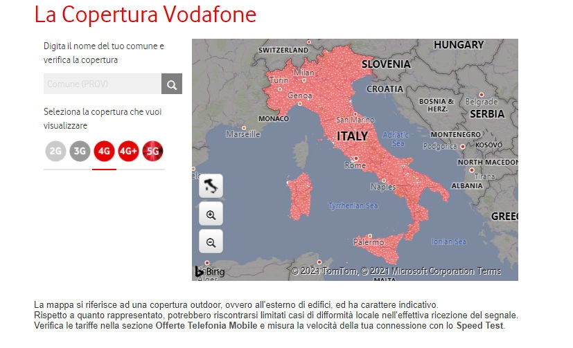 Mappa Verifica Copertura Vodafone copertura vodafone mobile 2G, 4G, 4G+, 5G