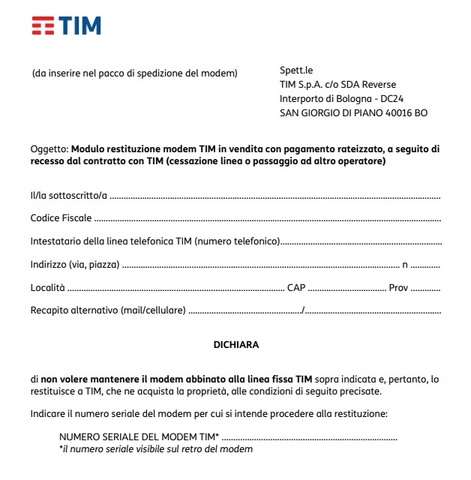 Restituzione Modem TIM FWA restituzione modem tim